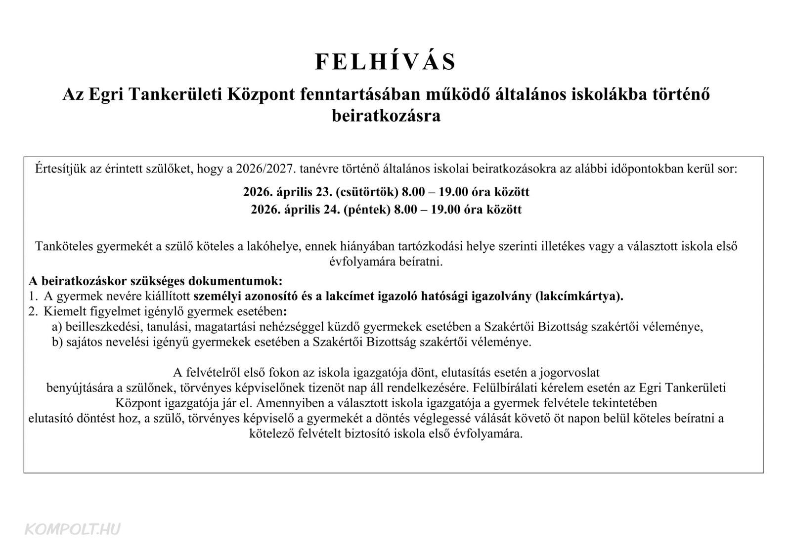 Felhívás iskolai beiratkozás időpontjáról